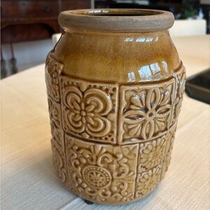 Brown  Vase w/ Raised Decorated Design 9.5”Tall  by RAZ Imports Water Sealed NEW